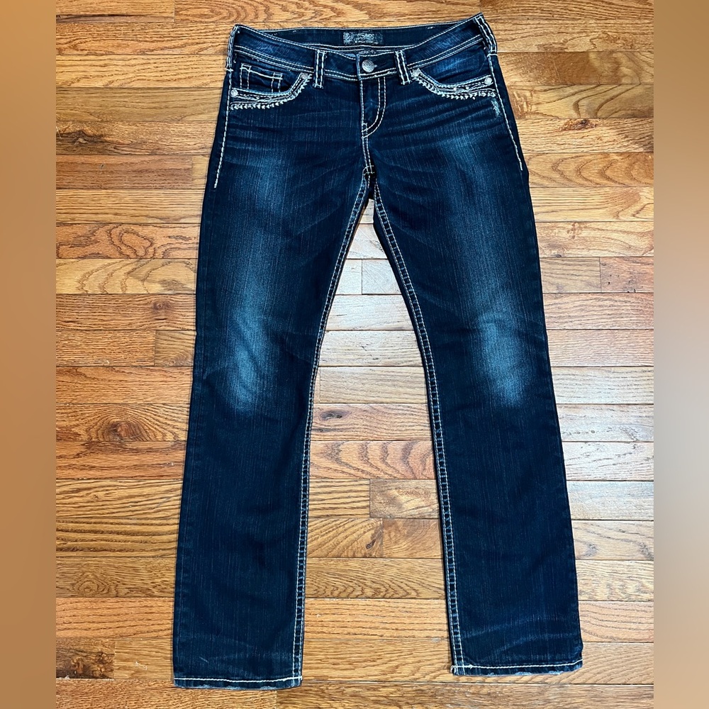 Dark Blue Denim Jeans with White Stitching - Size 30x32 - Low Rise